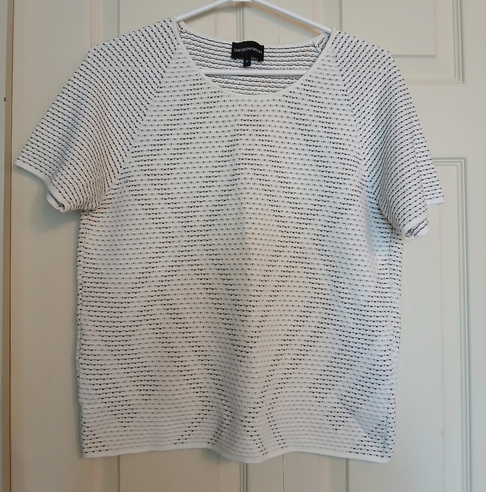 EMPORIO ARMANI White and Black Striped Short Sleeve Top Size 46 / Large (L)